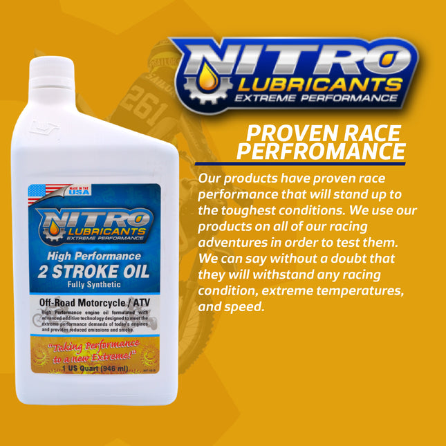 Nitro Lubricants 2 Stroke Engine Oil – Semi-Synthetic, High Performance Formula for Motorcycles and ATVs – Racing and Off-Road Use – Advanced Additive Technology – 1 Quart – Made in USA (6-Pack)