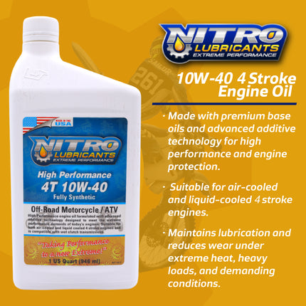 Nitro Lubricants 10W-40 4 Stroke Engine Oil – Semi-Synthetic, High Performance Formula for Motorcycles, ATVs & UTVs – Racing & Off-Road – Advanced Additive Technology – 1 Quart – Made in USA (10-Pack)