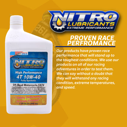 Nitro Lubricants 10W-40 4 Stroke Engine Oil – Semi-Synthetic, High Performance Formula for Motorcycles, ATVs & UTVs – Racing & Off-Road – Advanced Additive Technology – 1 Quart – Made in USA (12-Pack)