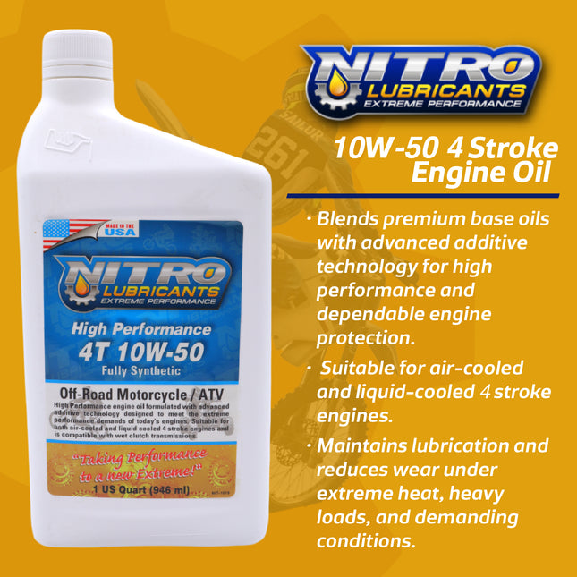 Nitro Lubricants 10W-50 4 Stroke Engine Oil – Semi-Synthetic, High Performance Formula for Motorcycles, ATVs & UTVs – Racing & Off-Road – Advanced Additive Technology – 1 Quart – Made in USA