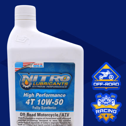 Nitro Lubricants 10W-50 4 Stroke Engine Oil – Semi-Synthetic, High Performance Formula for Motorcycles, ATVs & UTVs – Racing & Off-Road – Advanced Additive Technology – 1 Quart – Made in USA (4-Pack)