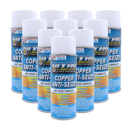Nitro Lubricants Copper Anti-Seize – 14oz High Temp Anti-Seize Spray for Nuts, Bolts, Studs, Bearings & Slides; Prevent Seizing, Galling & Corrosion in Industrial & Automotive - Made in USA  (10-Pack)
