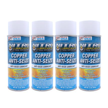 Nitro Lubricants Copper Anti-Seize – 14oz High Temp Anti-Seize Spray for Nuts, Bolts, Studs, Bearings & Slides; Prevents Seizing, Galling & Corrosion in Industrial & Automotive - Made in USA  (4-Pack)