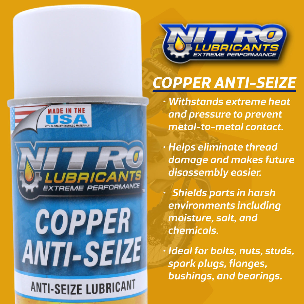 Nitro Lubricants Copper Anti-Seize – 14oz High Temp Anti-Seize Spray for Nuts, Bolts, Studs, Bearings & Slides; Prevents Seizing, Galling & Corrosion in Industrial & Automotive - Made in USA  (4-Pack)