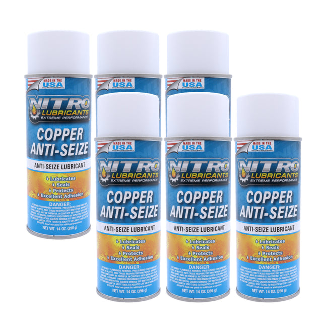 Nitro Lubricants Copper Anti-Seize – 14oz High Temp Anti-Seize Spray for Nuts, Bolts, Studs, Bearings & Slides; Prevents Seizing, Galling & Corrosion in Industrial & Automotive - Made in USA  (6-Pack)