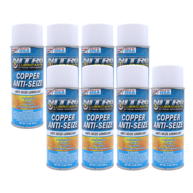 Nitro Lubricants Copper Anti-Seize – 14oz High Temp Anti-Seize Spray for Nuts, Bolts, Studs, Bearings & Slides; Prevents Seizing, Galling & Corrosion in Industrial & Automotive - Made in USA  (8-Pack)