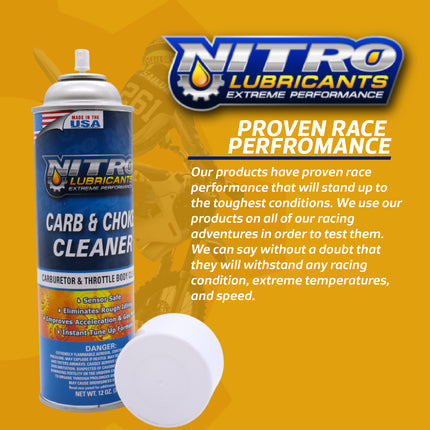 Nitro Lubricants Carb & Choke Cleaner - 12oz  Sensor‑Safe Formula for Fast Removal of Gum, Varnish, Carbon & Grease; Improves Idle & Acceleration in Carburetors, Chokes, PCV & Linkages - Made in USA