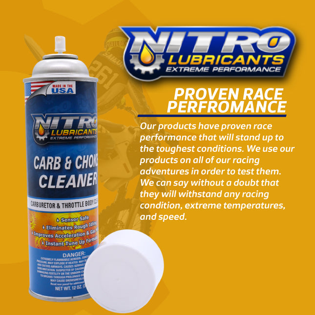Nitro Lubricants Carb & Choke Cleaner - 12oz  Sensor‑Safe Formula for Fast Removal of Gum, Varnish, Carbon & Grease; Improves Idle & Acceleration in Carburetors, Chokes, PCV & Linkages - Made in USA