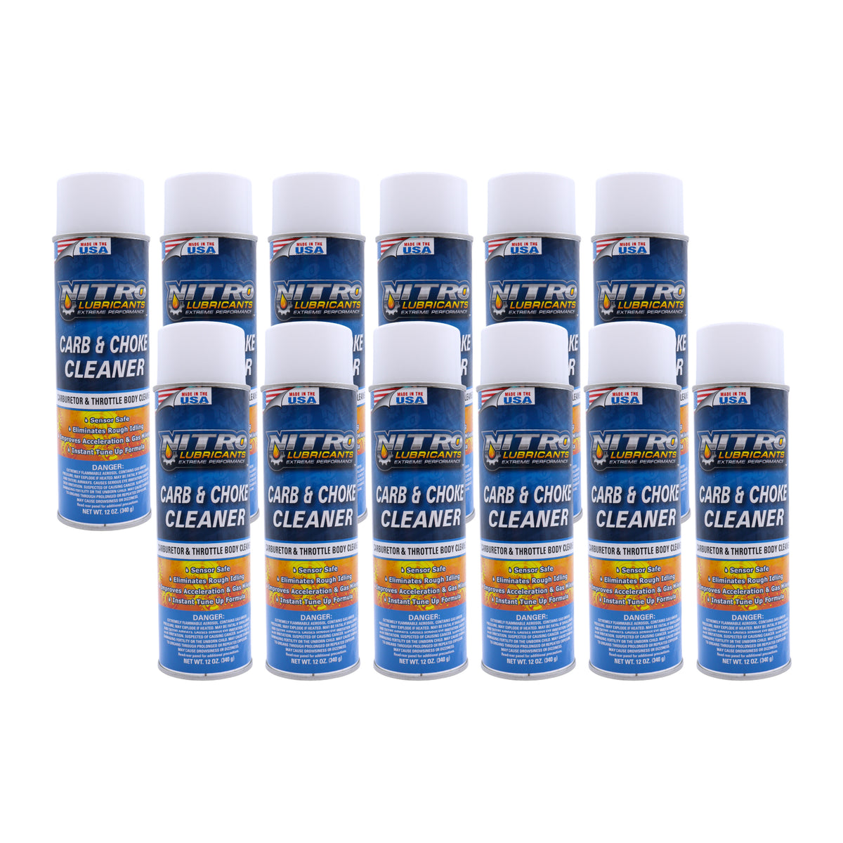 Nitro Lubricants Carb & Choke Cleaner - 12oz Sensor-Safe Formula for Removing Gum, Varnish, Carbon & Grease; Improves Idle & Acceleration in Carburetors, PCV & Linkages - Made in USA (12-Pack)