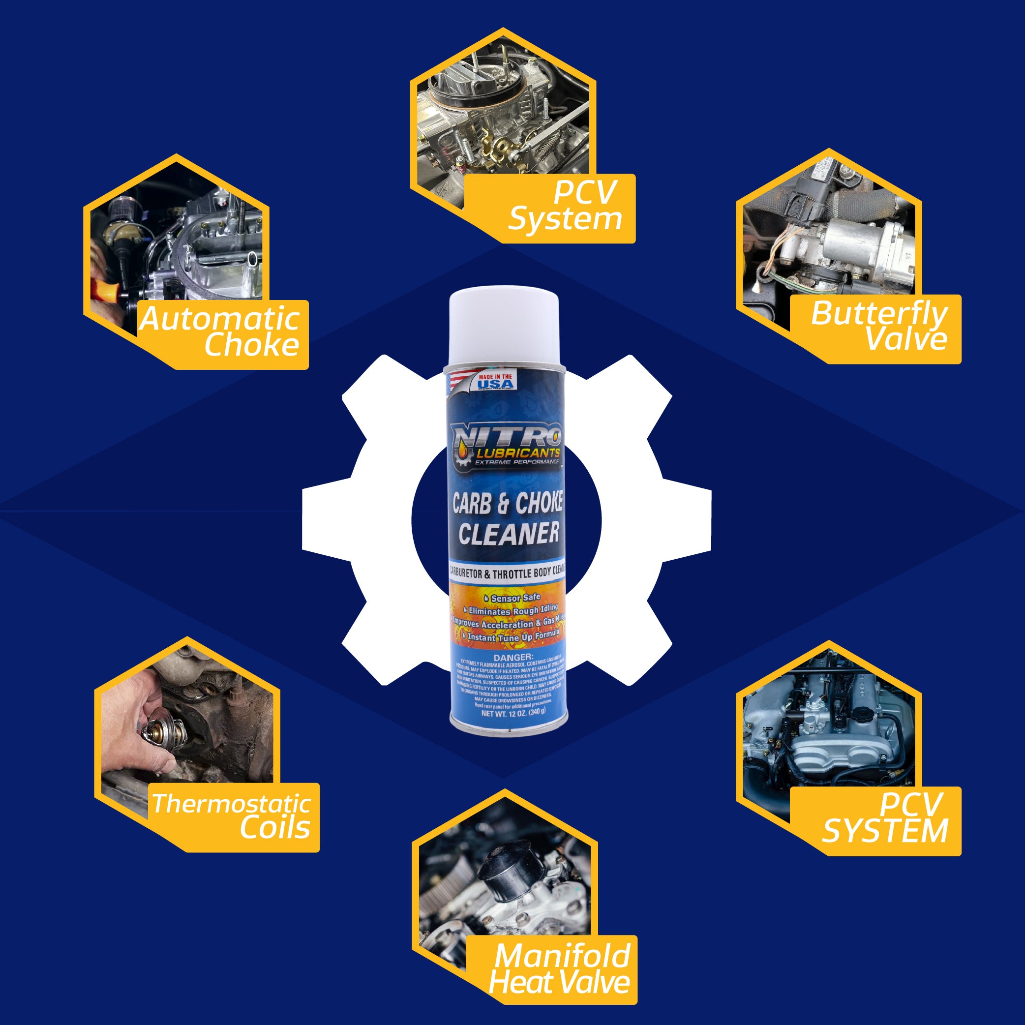 Nitro Lubricants Carb & Choke Cleaner - 12oz Sensor-Safe Formula for Removing Gum, Varnish, Carbon & Grease; Improves Idle & Acceleration in Carburetors, PCV & Linkages - Made in USA (6-Pack)