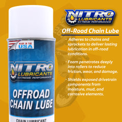 Nitro Lubricants Off-Road Chain Lube – Thick Clinging Foam Lubricates & Penetrates Rollers to Protect Against Corrosion, Friction & Wear – 12 oz – Made in USA