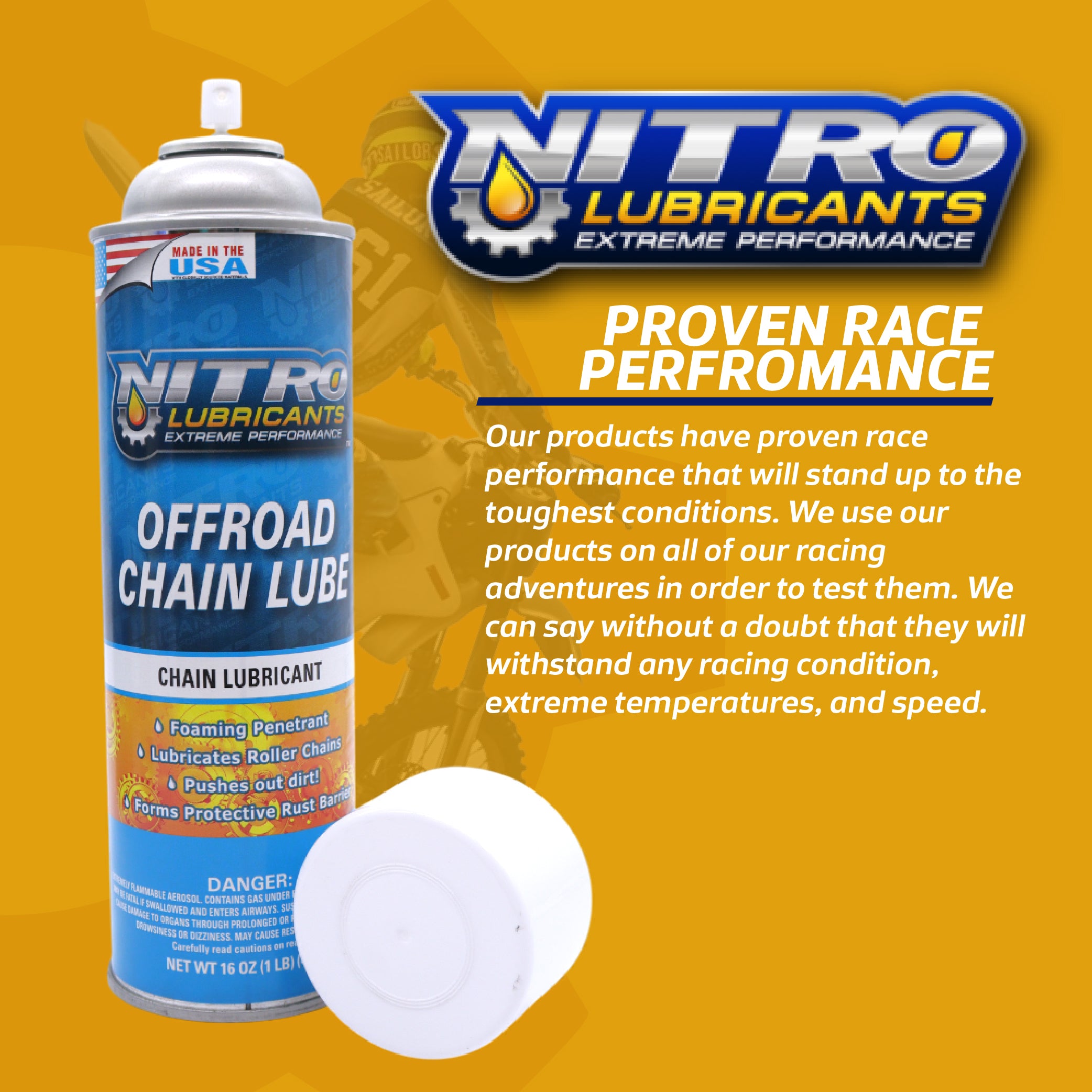 Nitro Lubricants Off-Road Chain Lube – Thick Clinging Foam Lubricates & Penetrates Rollers to Protect Against Corrosion, Friction & Wear – 12 oz – Made in USA