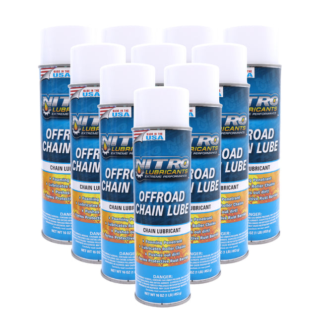 Nitro Lubricants Off-Road Chain Lube – Thick Clinging Foam Lubricates & Penetrates Rollers to Protect Against Corrosion, Friction & Wear – 12 oz – Made in USA (10-Pack)