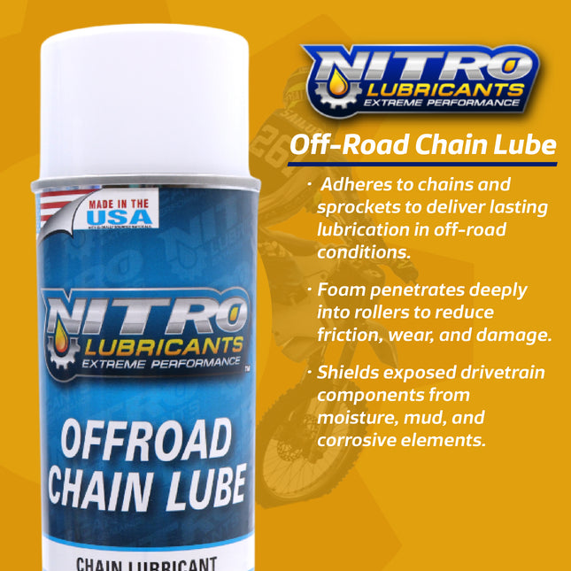 Nitro Lubricants Off-Road Chain Lube – Thick Clinging Foam Lubricates & Penetrates Rollers to Protect Against Corrosion, Friction & Wear – 12 oz – Made in USA (12-Pack)