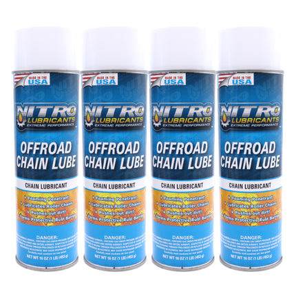 Nitro Lubricants Off-Road Chain Lube – Thick Clinging Foam Lubricates & Penetrates Rollers to Protect Against Corrosion, Friction & Wear – 12 oz – Made in USA (4-Pack)