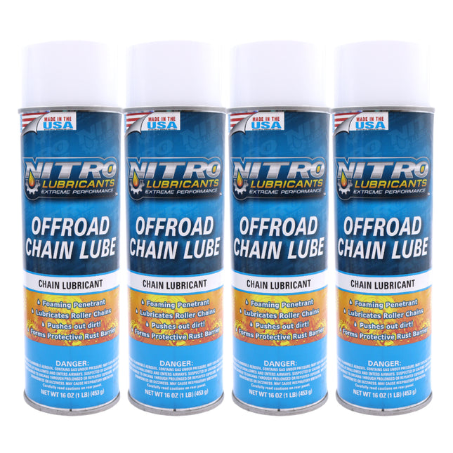 Nitro Lubricants Off-Road Chain Lube – Thick Clinging Foam Lubricates & Penetrates Rollers to Protect Against Corrosion, Friction & Wear – 12 oz – Made in USA (4-Pack)