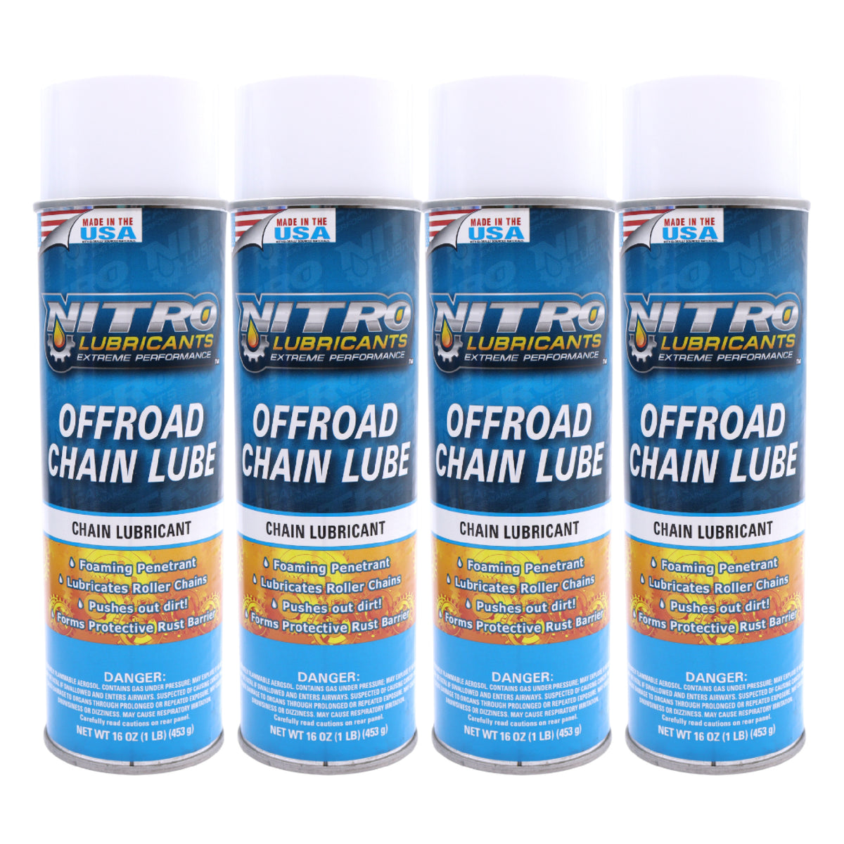 Nitro Lubricants Off-Road Chain Lube – Thick Clinging Foam Lubricates & Penetrates Rollers to Protect Against Corrosion, Friction & Wear – 12 oz – Made in USA (4-Pack)
