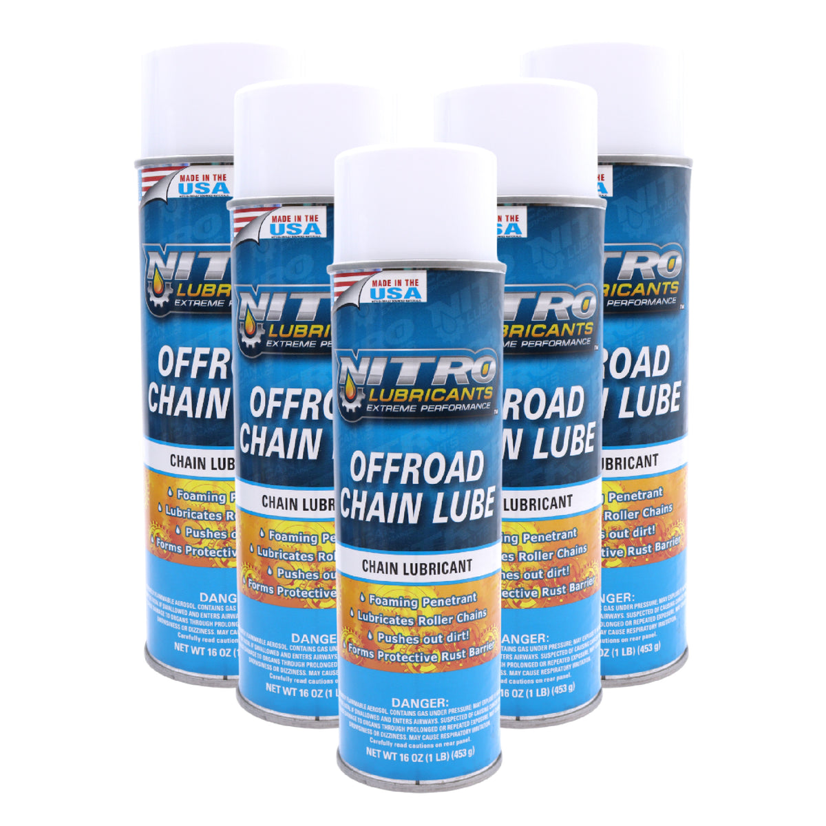 Nitro Lubricants Off-Road Chain Lube – Thick Clinging Foam Lubricates & Penetrates Rollers to Protect Against Corrosion, Friction & Wear – 12 oz – Made in USA (5-Pack)