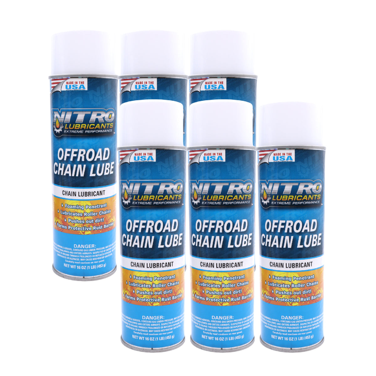 Nitro Lubricants Off-Road Chain Lube – Thick Clinging Foam Lubricates & Penetrates Rollers to Protect Against Corrosion, Friction & Wear – 12 oz – Made in USA (6-Pack)