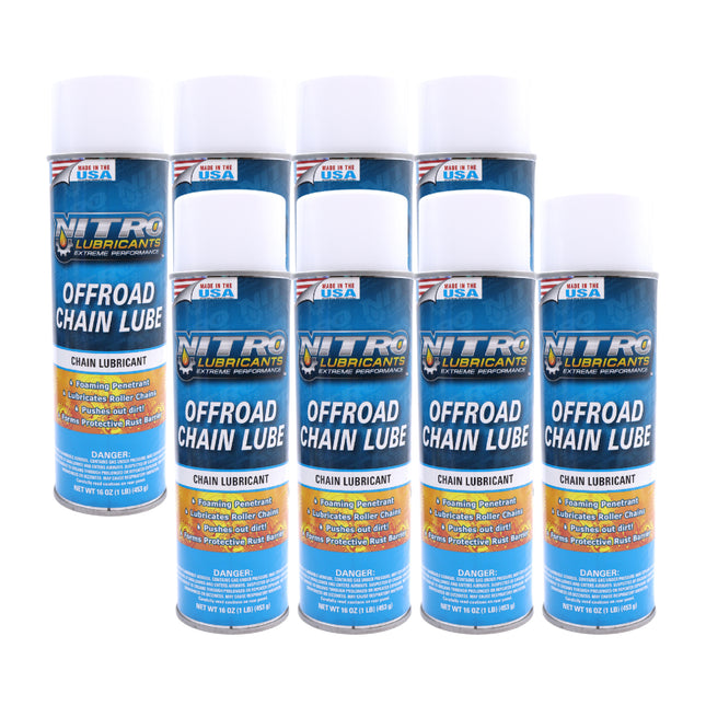 Nitro Lubricants Off-Road Chain Lube – Thick Clinging Foam Lubricates & Penetrates Rollers to Protect Against Corrosion, Friction & Wear – 12 oz – Made in USA (8-Pack)