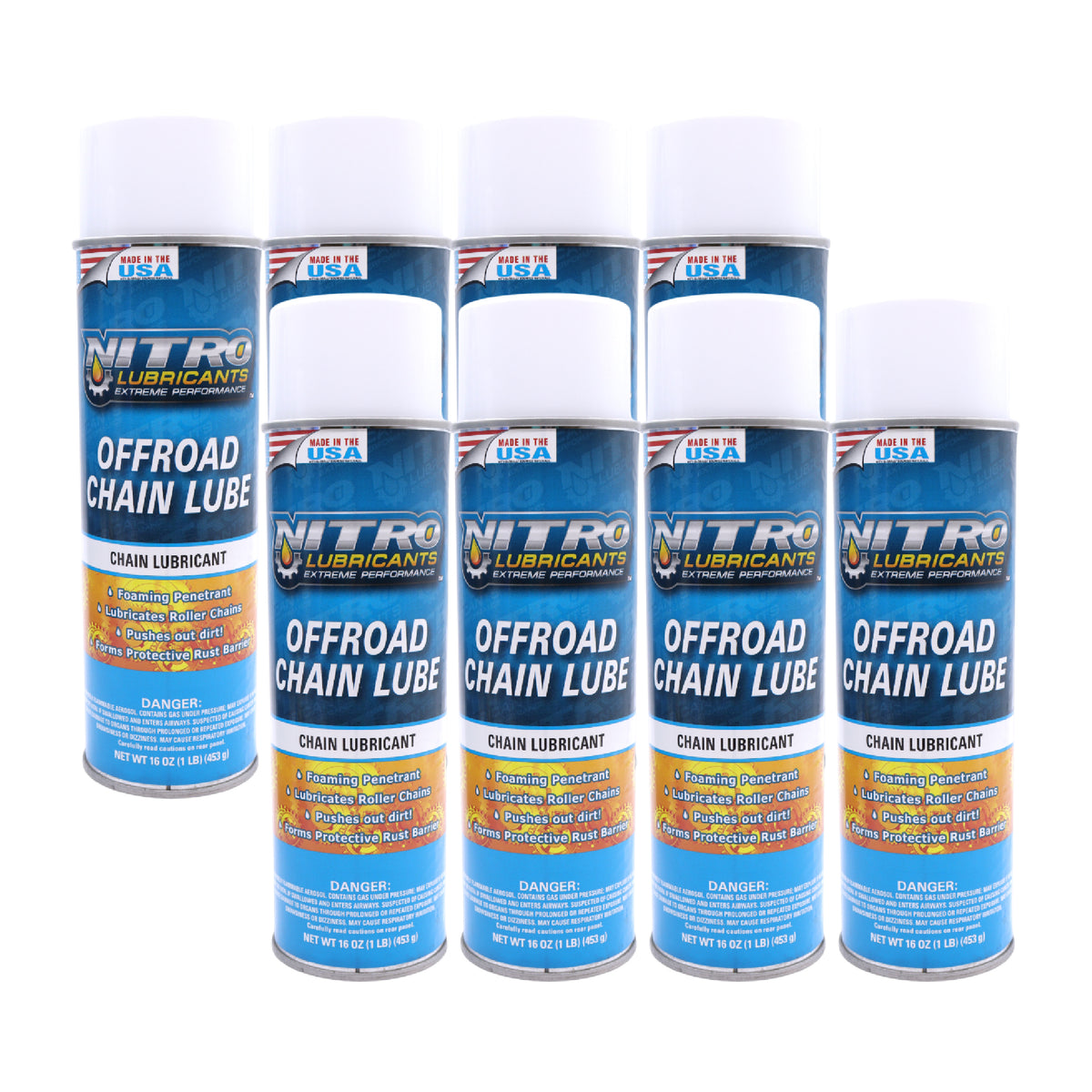 Nitro Lubricants Off-Road Chain Lube – Thick Clinging Foam Lubricates & Penetrates Rollers to Protect Against Corrosion, Friction & Wear – 12 oz – Made in USA (8-Pack)