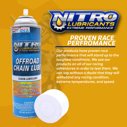 Nitro Lubricants Off-Road Chain Lube – Thick Clinging Foam Lubricates & Penetrates Rollers to Protect Against Corrosion, Friction & Wear – 12 oz – Made in USA (8-Pack)