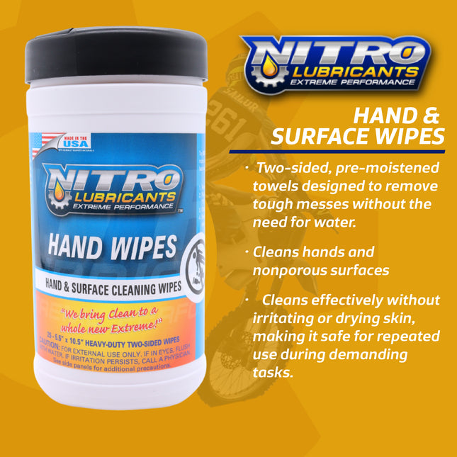 Nitro Lubricants Hand & Surface Cleaning Wipes – Heavy Duty, Two-Sided, Waterless Towels Remove Grease, Oil, Tar, Brake Dust, Inks, Grime & Nonporous Surfaces – 25 Count – Made in USA (2-Pack)