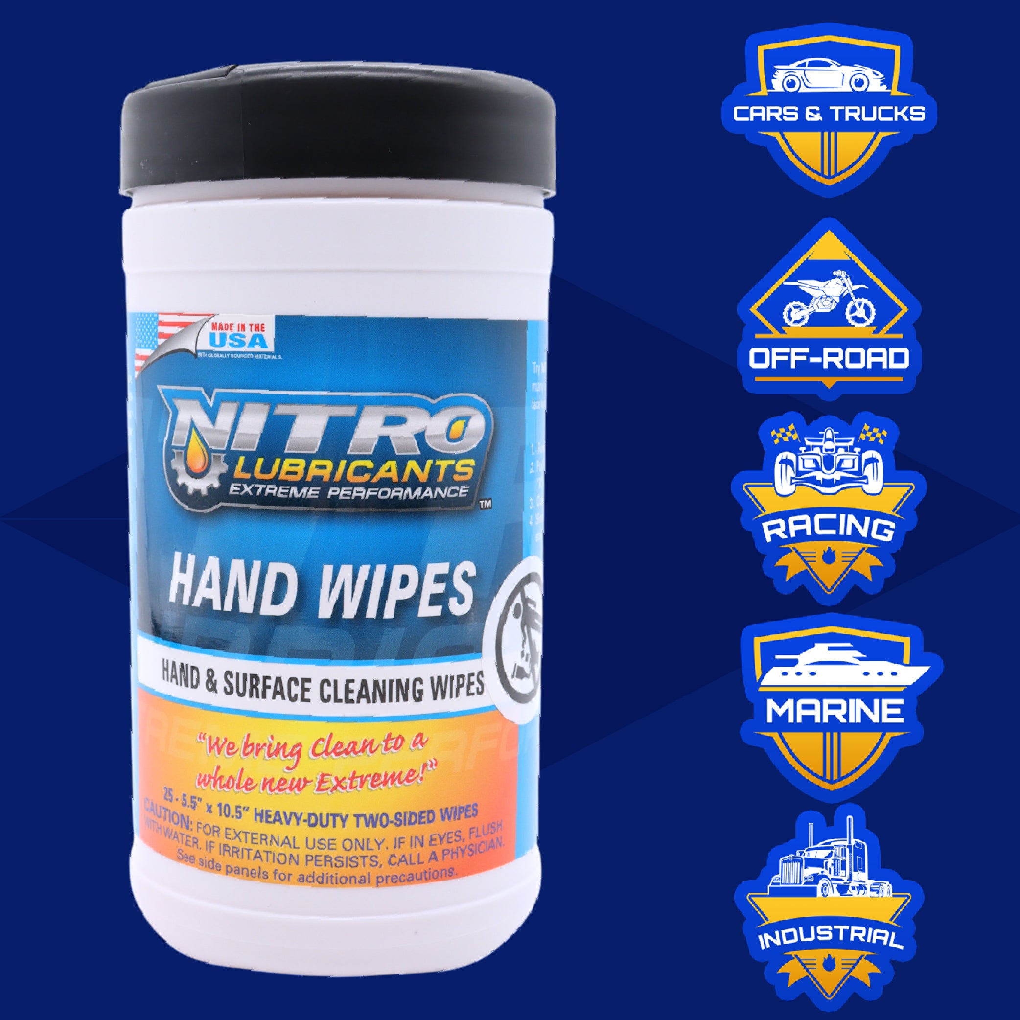 Nitro Lubricants Hand & Surface Cleaning Wipes – Heavy Duty, Two-Sided, Waterless Towels Remove Grease, Oil, Tar, Brake Dust, Inks, Grime & Nonporous Surfaces – 25 Count – Made in USA (3-Pack)