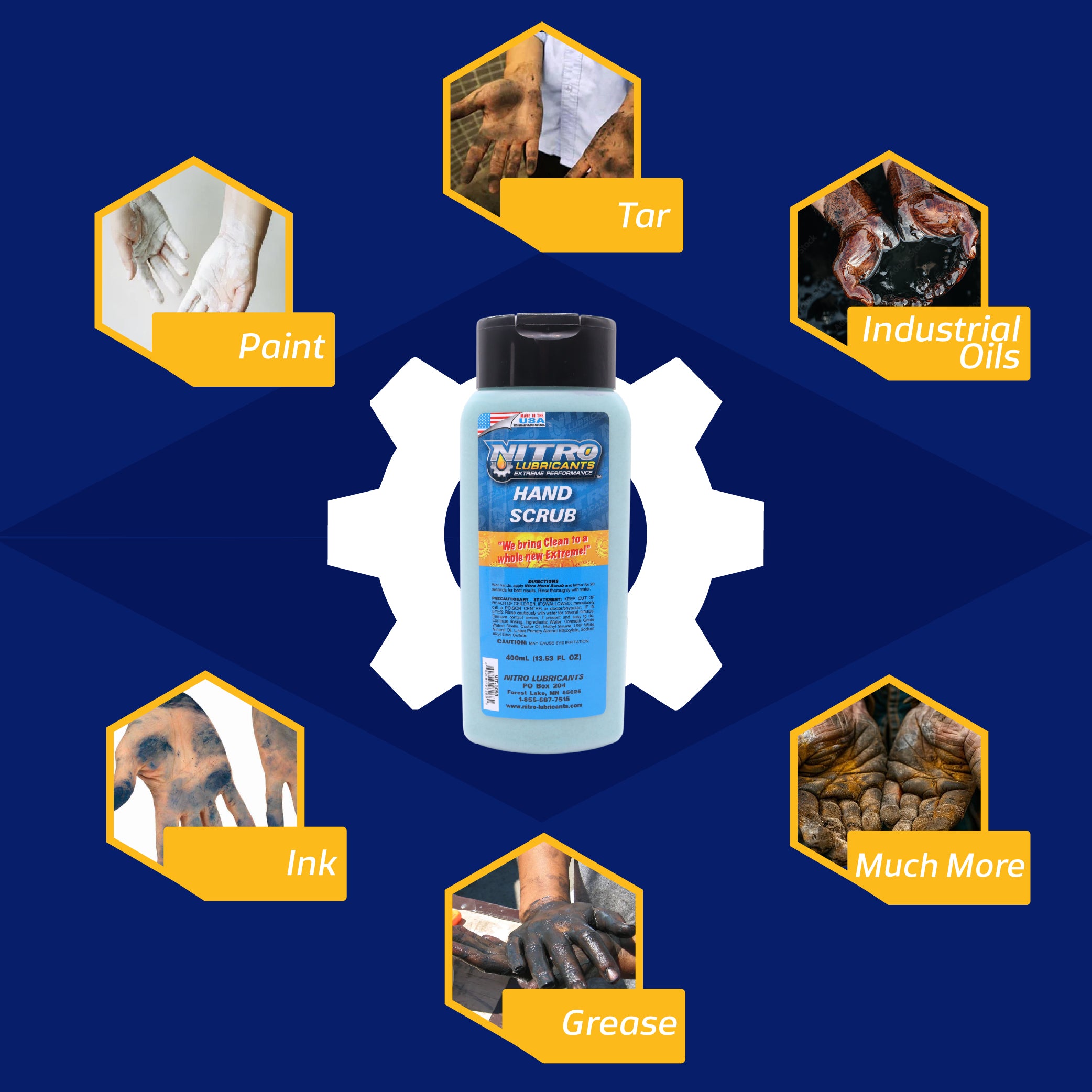 Nitro Lubricants Hand Scrub 400 ml Bottle – Non-Solvent, Super-Concentrated Industrial Hand Soap with Emollients – Heavy-Duty Grease, Oil & Tar Cleaner – Made in USA