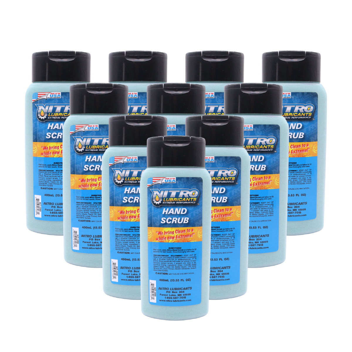 Nitro Lubricants Hand Scrub 400 ml Bottle – Non-Solvent, Super-Concentrated Industrial Hand Soap with Emollients – Heavy-Duty Grease, Oil & Tar Cleaner – Made in USA (10-Pack)