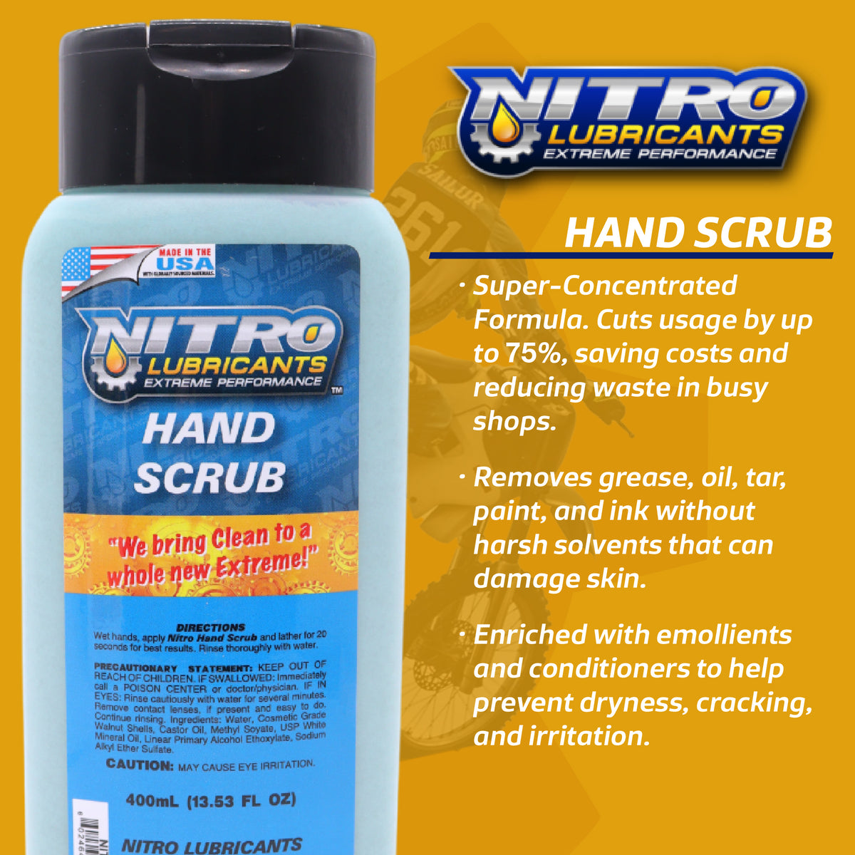 Nitro Lubricants Hand Scrub 400 ml Bottle – Non-Solvent, Super-Concentrated Industrial Hand Soap with Emollients – Heavy-Duty Grease, Oil & Tar Cleaner – Made in USA (2-Pack)