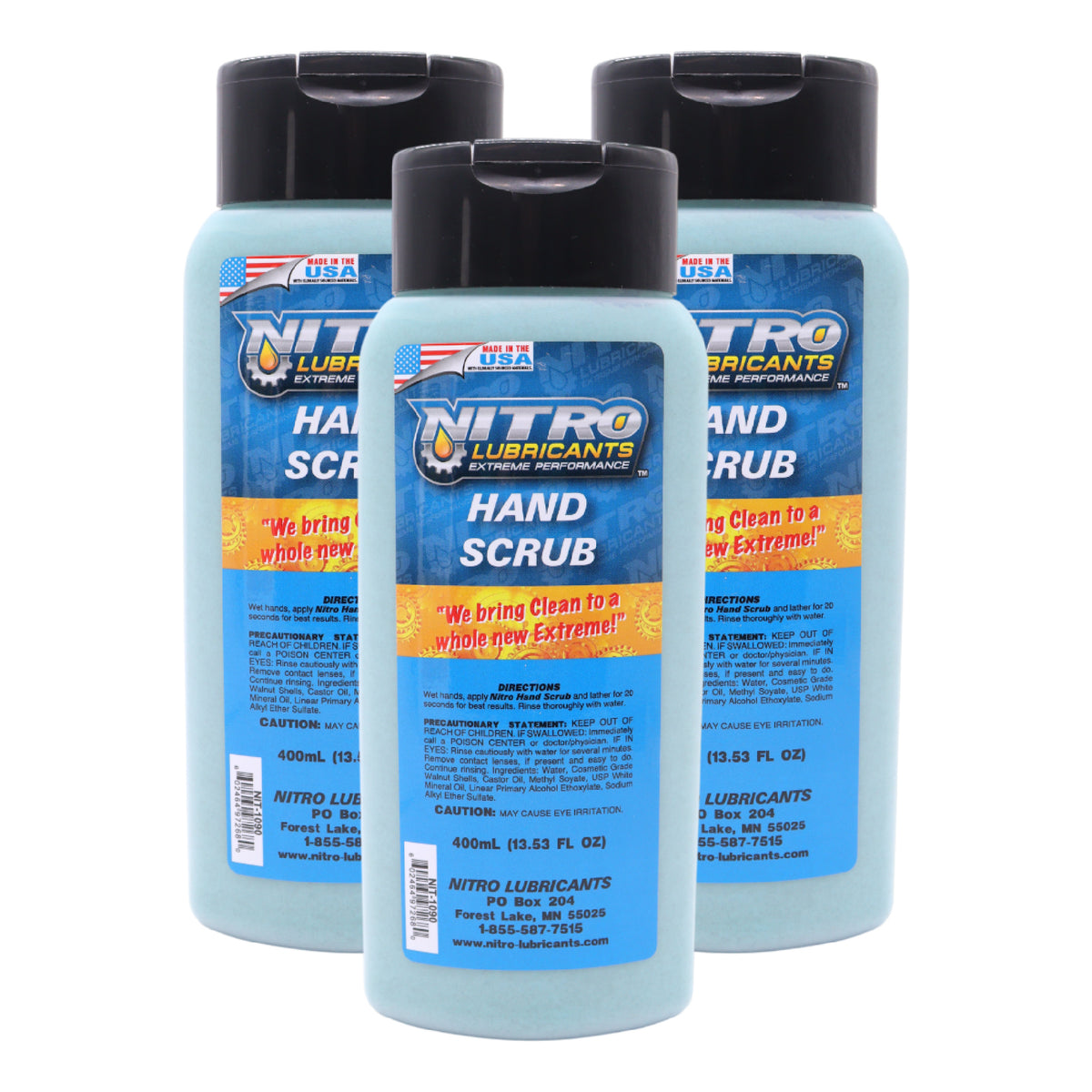 Nitro Lubricants Hand Scrub 400 ml Bottle – Non-Solvent, Super-Concentrated Industrial Hand Soap with Emollients – Heavy-Duty Grease, Oil & Tar Cleaner – Made in USA (3-Pack)