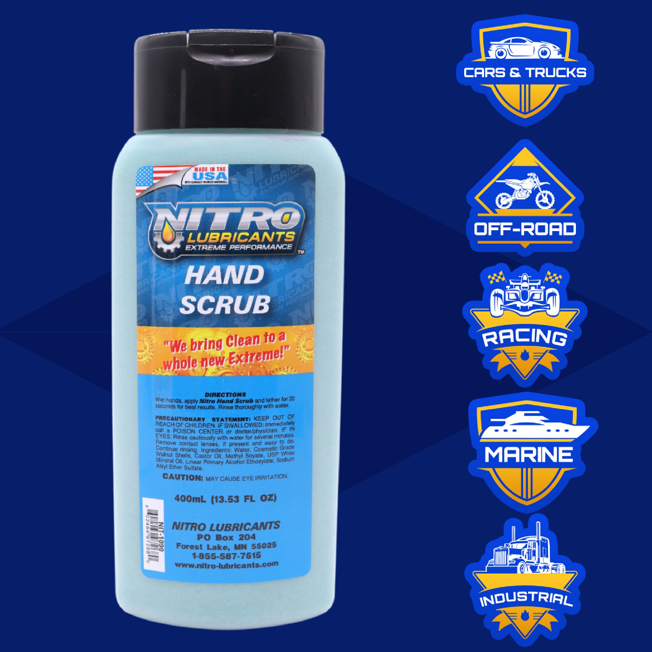 Nitro Lubricants Hand Scrub 400 ml Bottle – Non-Solvent, Super-Concentrated Industrial Hand Soap with Emollients – Heavy-Duty Grease, Oil & Tar Cleaner – Made in USA (4-Pack)