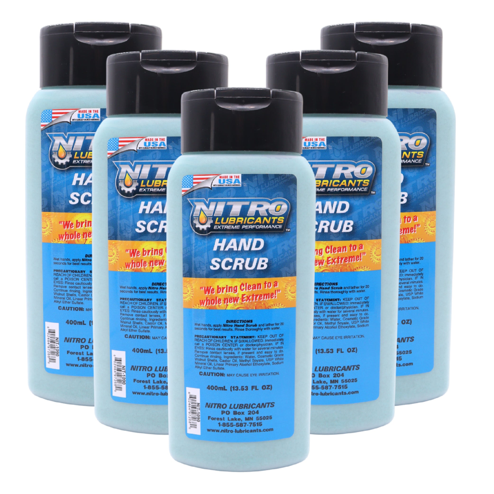 Nitro Lubricants Hand Scrub 400 ml Bottle – Non-Solvent, Super-Concentrated Industrial Hand Soap with Emollients – Heavy-Duty Grease, Oil & Tar Cleaner – Made in USA (5-Pack)