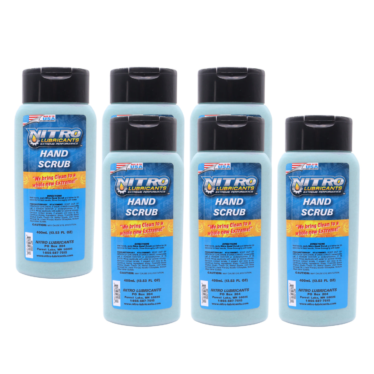 Nitro Lubricants Hand Scrub 400 ml Bottle – Non-Solvent, Super-Concentrated Industrial Hand Soap with Emollients – Heavy-Duty Grease, Oil & Tar Cleaner – Made in USA (6-Pack)