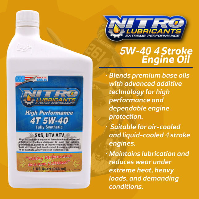 Nitro Lubricants 5W-40 4 Stroke Engine Oil – Semi-Synthetic, High Performance Formula for Motorcycles, ATVs & UTVs – Racing & Off-Road – Advanced Additive Technology – 1 Quart – Made in USA (2-Pack)