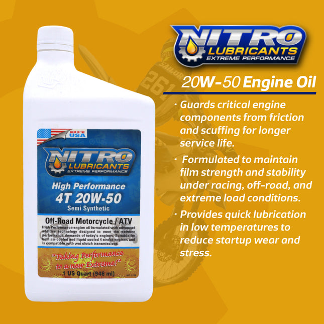 Nitro Lubricants 20W-50 Engine Oil – Synthetic Blend, Keeps Engine Clean of Varnish & Sludge under Severe Conditions – Racing & Marine Ready – 1 Quart – Made in USA (8-Pack)