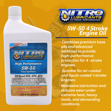 Nitro Lubricants 5W-50 4 Stroke Engine Oil – Semi-Synthetic, High Performance Formula for Motorcycles, ATVs & UTVs – Racing & Off-Road – Advanced Additive Technology – 1 Quart – Made in USA (12-Pack)