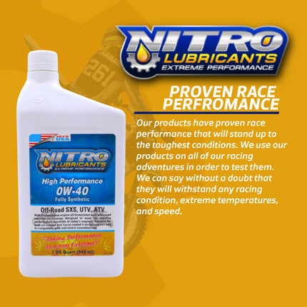 Nitro Lubricants 0W-40 4 Stroke Engine Oil – Fully Synthetic, High Performance Formula for Motorcycles, ATVs, UTVs – Racing and Off-Road Use – Advanced Additive Technology – 1 Quart – Made in USA