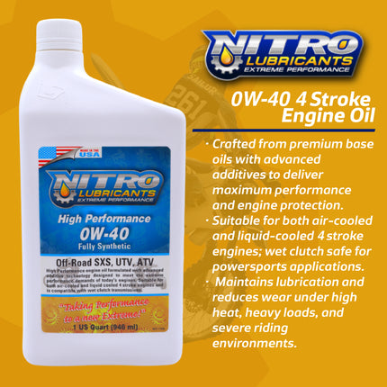 Nitro Lubricants 0W-40 4 Stroke Engine Oil – Fully Synthetic, High Performance Formula for Motorcycles, ATVs, UTVs – Racing and Off-Road – Advanced Additive Technology – 1Qt – Made in USA (2-Pack)
