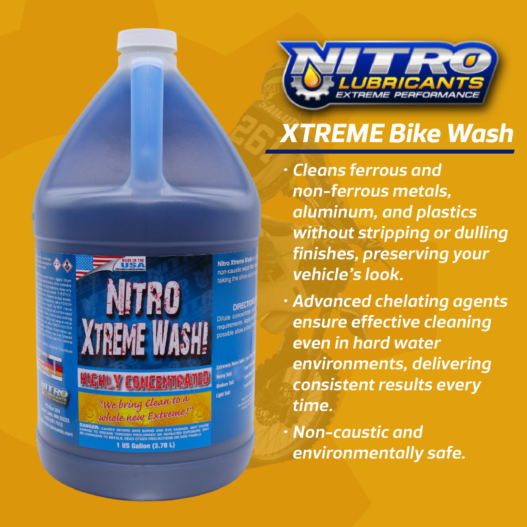 Nitro Lubricants Xtreme Bike Wash (1 GL)  Super Concentrated Heavy-Duty Cleaner and Degreaser for Motorcycles, ATVs, Four Wheelers, and Bicycles - Non-Caustic, Biodegradable, Hard Water Compatible