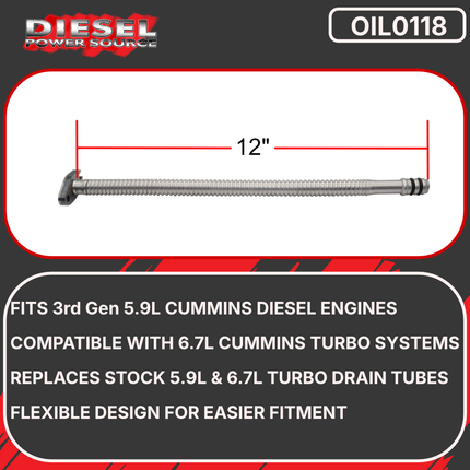 Diesel Power Source 12" Stainless Steel Flexible Turbo Oil Drain Tube Cummins 5.9L 6.7L 12V 24V ISX Turbo Drain Line Kit Universal Fit High Temperature Braided Hose Performance