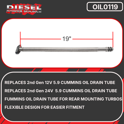 Diesel Power Source 19" Stainless Steel Flexible Turbo Oil Drain Tube Cummins 5.9L 6.7L 12V 24V ISX Turbo Drain Line Kit Universal Fit High Temperature Braided Hose Performance