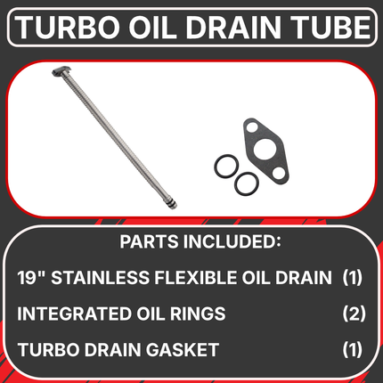 Diesel Power Source 19" Stainless Steel Flexible Turbo Oil Drain Tube Cummins 5.9L 6.7L 12V 24V ISX Turbo Drain Line Kit Universal Fit High Temperature Braided Hose Performance