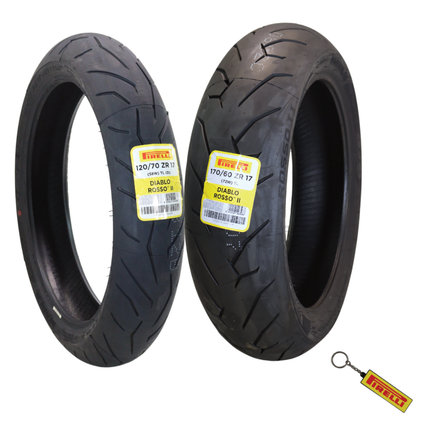 Pirelli Diablo Rosso II 120/70 ZR 17 M/C (58W) TL (D) Front & 170/60 ZR 17 M/C (72W) TL Rear Motorcycle Tires- Sport Performance for Road Use Tire Set with Keychain