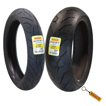 Pirelli Diablo Rosso II 120/70 ZR 17 M/C (58W) TL (D) Front & 200/50-17 M/C (75W) TL Rear Motorcycle Tires - Sport Performance for Road Use Tire Set with Keychain