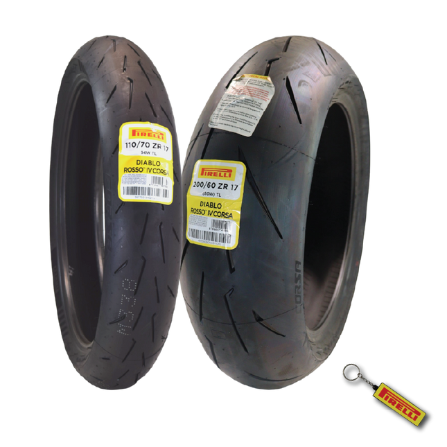 Pirelli Diablo Rosso IV Corsa Front 110/70ZR17 (54 W) & Rear 200/60-17 80W Motorcycle Tires  - High Performance, Durable, & Reliable Tire for Street Racing Bikes w/ Keychain