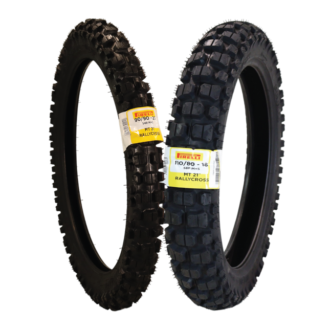 Pirelli MT 21 Rallycross 90/90-21 Front & 110/80-18 Rear Motorcycle Tires - Dual-Sport/Enduro, Aggressive Tread for Off-Road & Rally, High-Performance Grip, Fits Adventure & Dirt Bikes with Keychain
