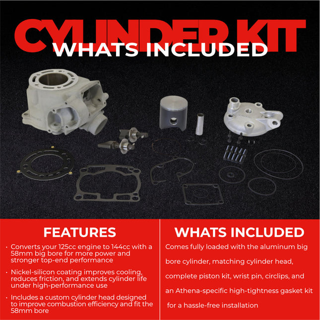 Athena P400250100011 144cc Big Bore Cylinder Kit with Cylinder Head (58mm Bore) - Premium 2-Stroke Performance Upgrade, Compatible with Kawasaki KX125 2003-2007