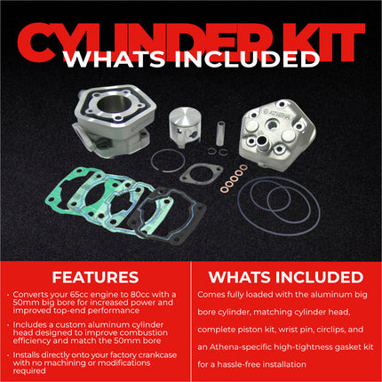 Athena P400270100002 80cc Big Bore Cylinder Kit with Cylinder Head (50mm Bore) - Premium 2-Stroke Performance Upgrade, Compatible with KTM 65 SX 2001-2008